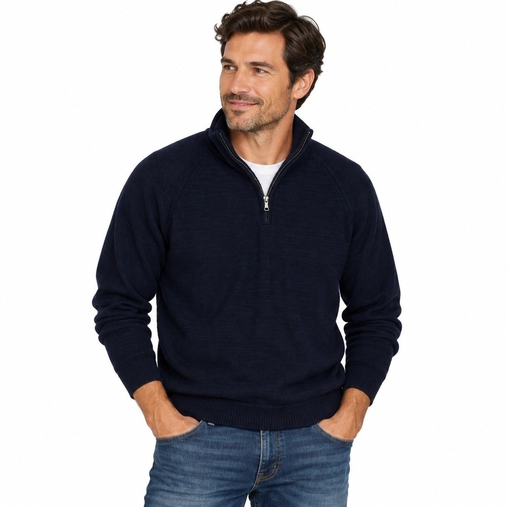 J.Crew Quarter Zip Sweater Mens Medium Navy Blue 100% Cotton Textured Pullover